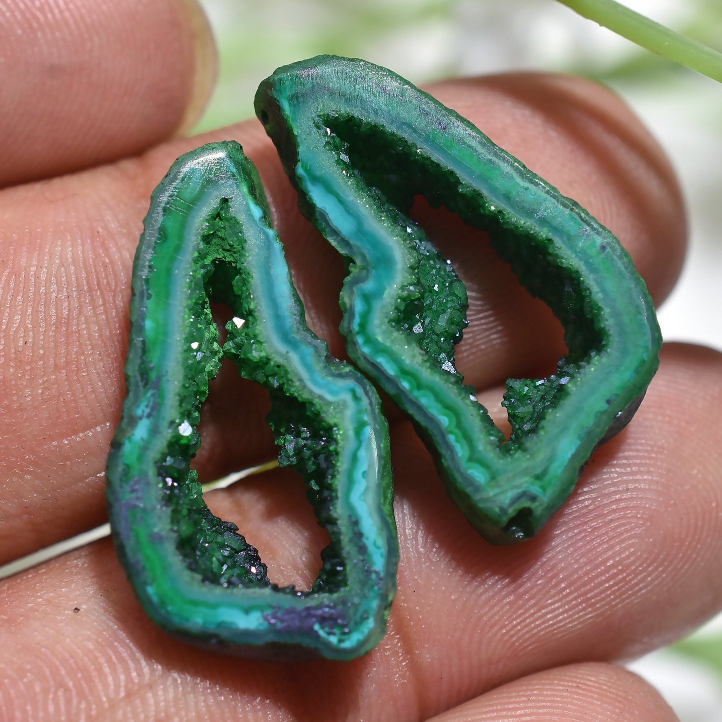 Beautiful Green Agate Druzy Earring Pair – Window Druzy Geode Slice Cabochon