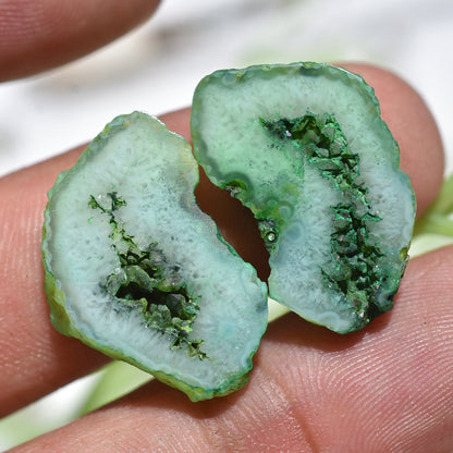 Beautiful Green Agate Druzy Earring Pair – Window Druzy Geode Slice Cabochon