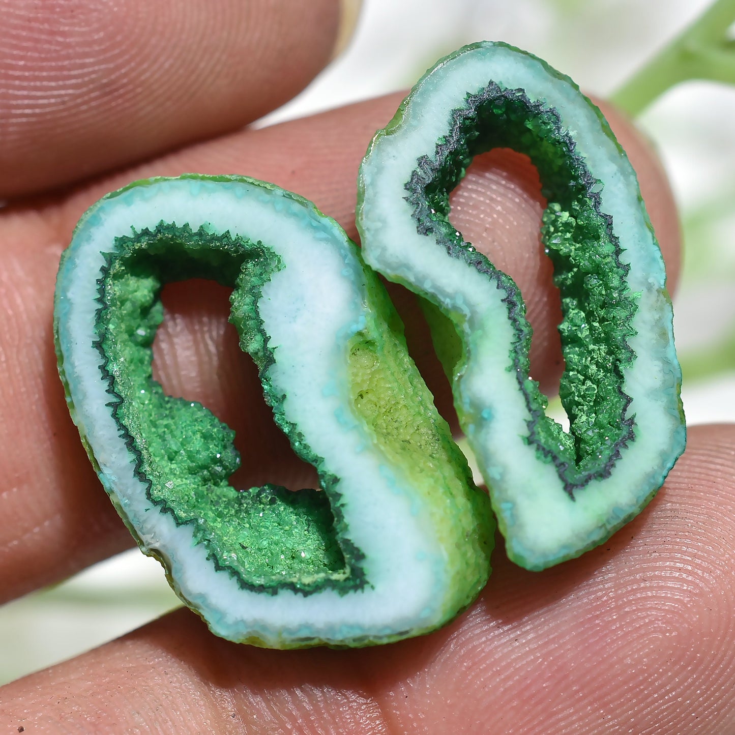 Beautiful Green Agate Druzy Earring Pair – Window Druzy Geode Slice Cabochon