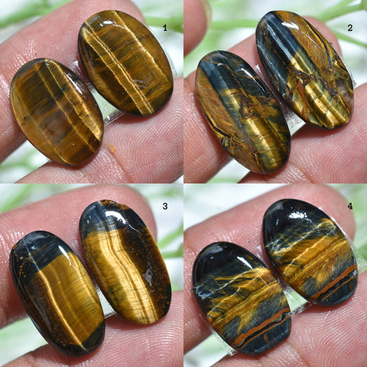 Antique Yellow-Brown Tiger Eye Gemstone Pair – Oval Cabochon Earring Pair, Polished & Flat Back