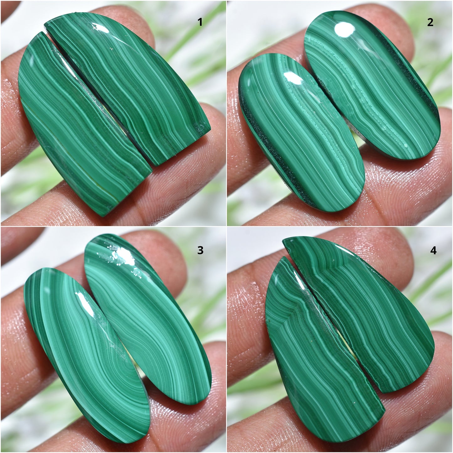 Fancy Shape Green Malachite Cabochon Pair - Natural Matching Stones for Earrings & Jewelry Making