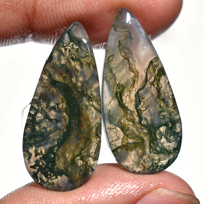 Moss Agate Pair Earring Cabochons - Pear-Shaped Loose Matching Set for Custom Earrings