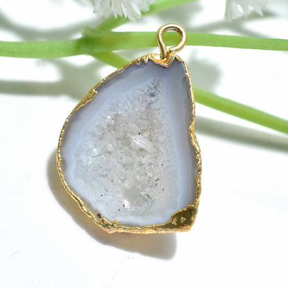 Solar Quartz Agate Druzy Slice Pendant - Gray & White Agate Gold Electroplated DIY Necklace Jewelry