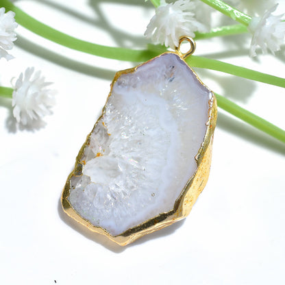 Solar Quartz Agate Druzy Slice Pendant - Gray & White Agate Gold Electroplated DIY Necklace Jewelry