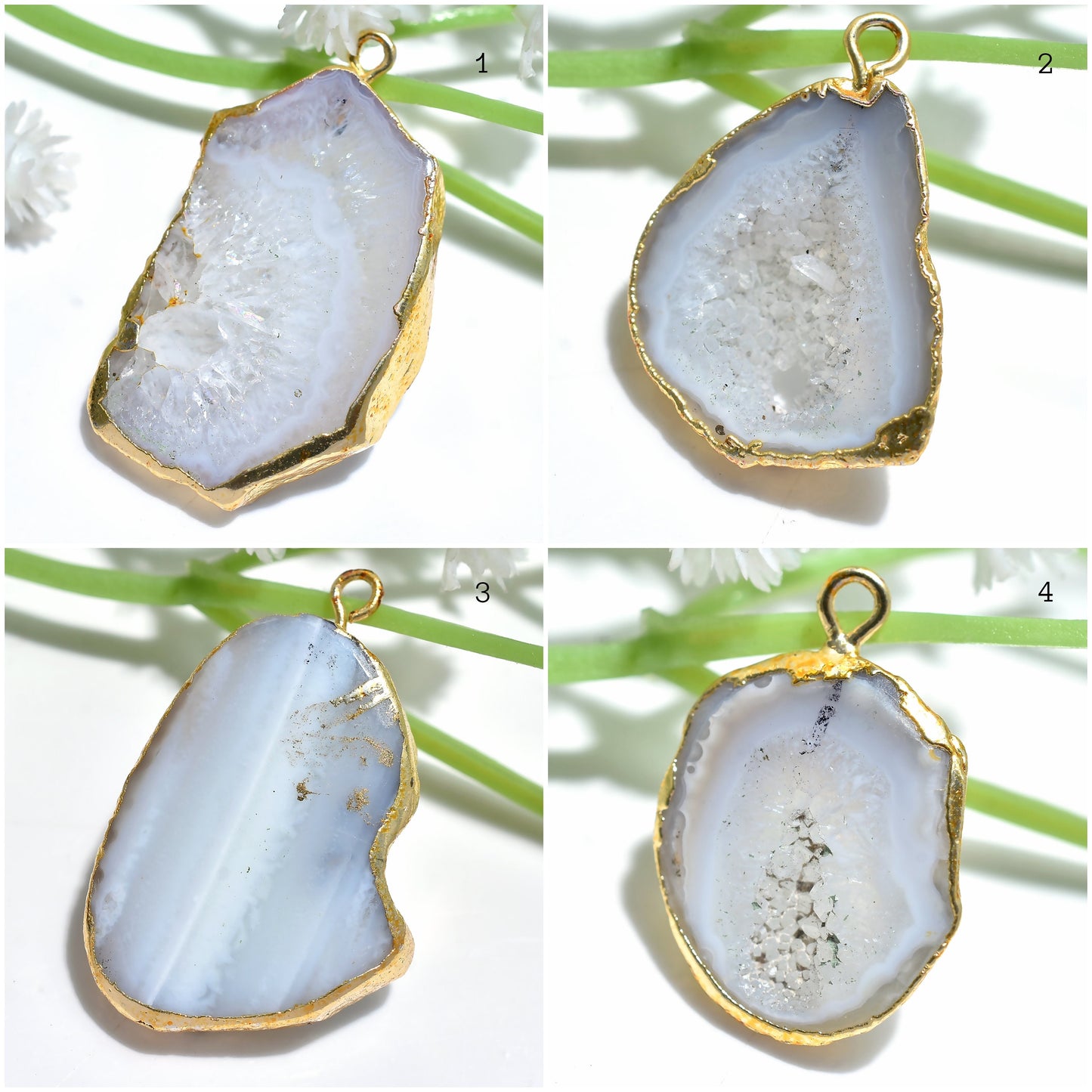 Solar Quartz Agate Druzy Slice Pendant - Gray & White Agate Gold Electroplated DIY Necklace Jewelry