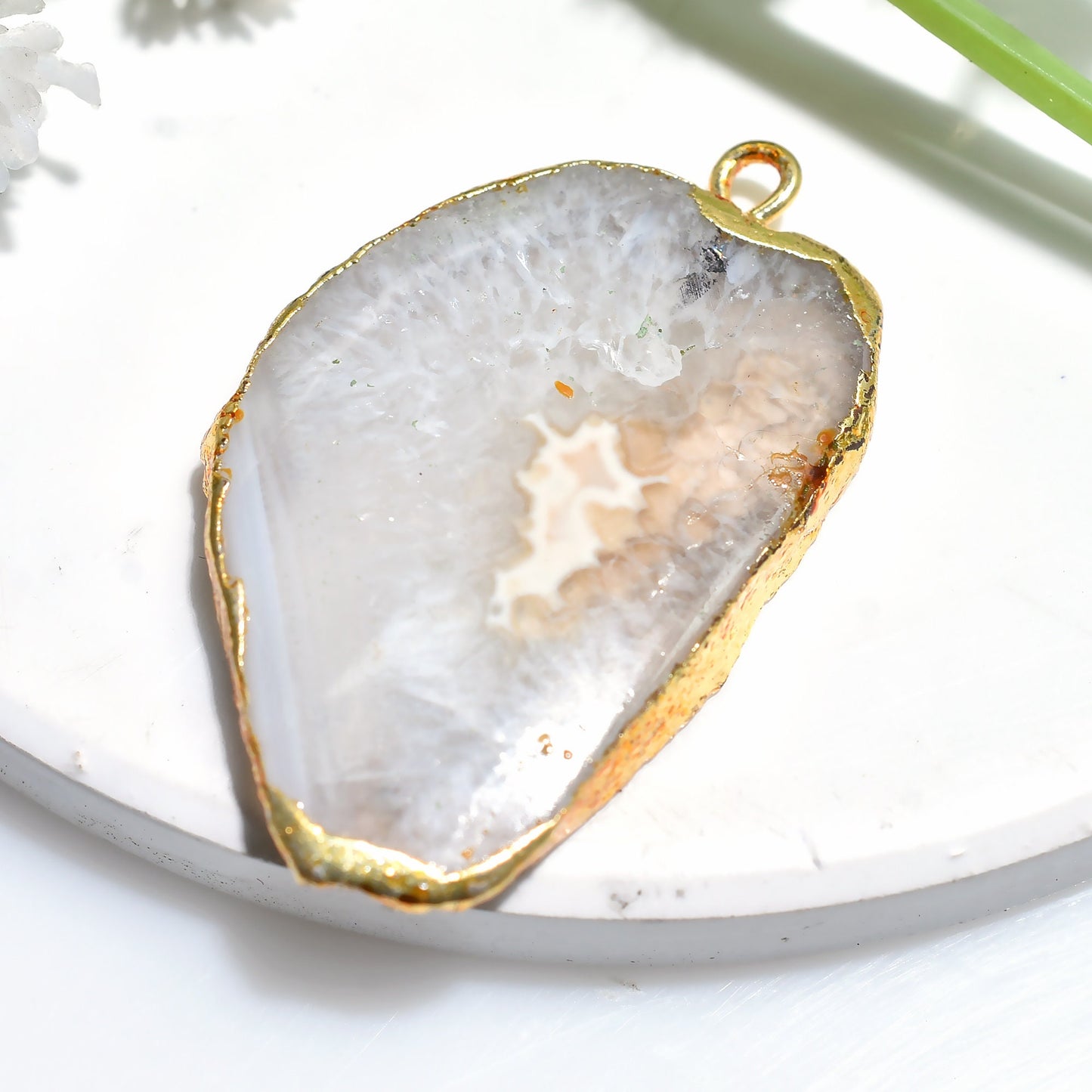 White Druzy Agate Pendant - Gold Plated Geode Slice, Fancy Electroplated Solar Quartz for Gifts