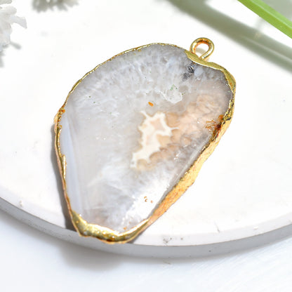 White Druzy Agate Pendant - Gold Plated Geode Slice, Fancy Electroplated Solar Quartz for Gifts