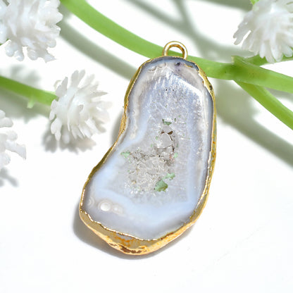 Druzy Agate Gemstone Pendant - Gold Electroplated Grey & White Geode Solar Quartz Charm