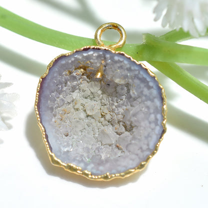 Delicate White Druzy Agate Pendant - Small Round Solar Quartz Gold Electroplated Charm for DIY Jewelry