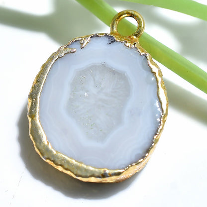 Round White Druzy Agate Pendant - Gold Electroplated Solar Quartz Geode Slice for Wholesale Jewelry