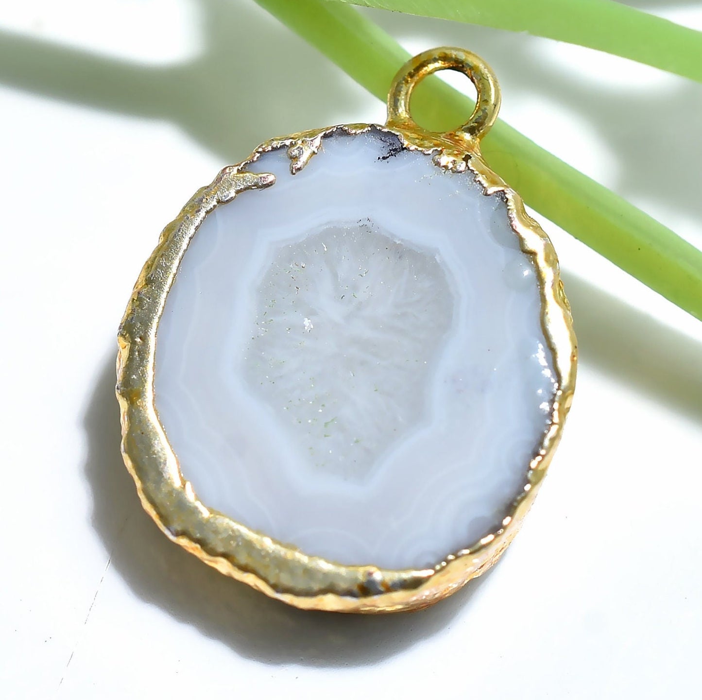 Round White Druzy Agate Pendant - Gold Electroplated Solar Quartz Geode Slice for Wholesale Jewelry