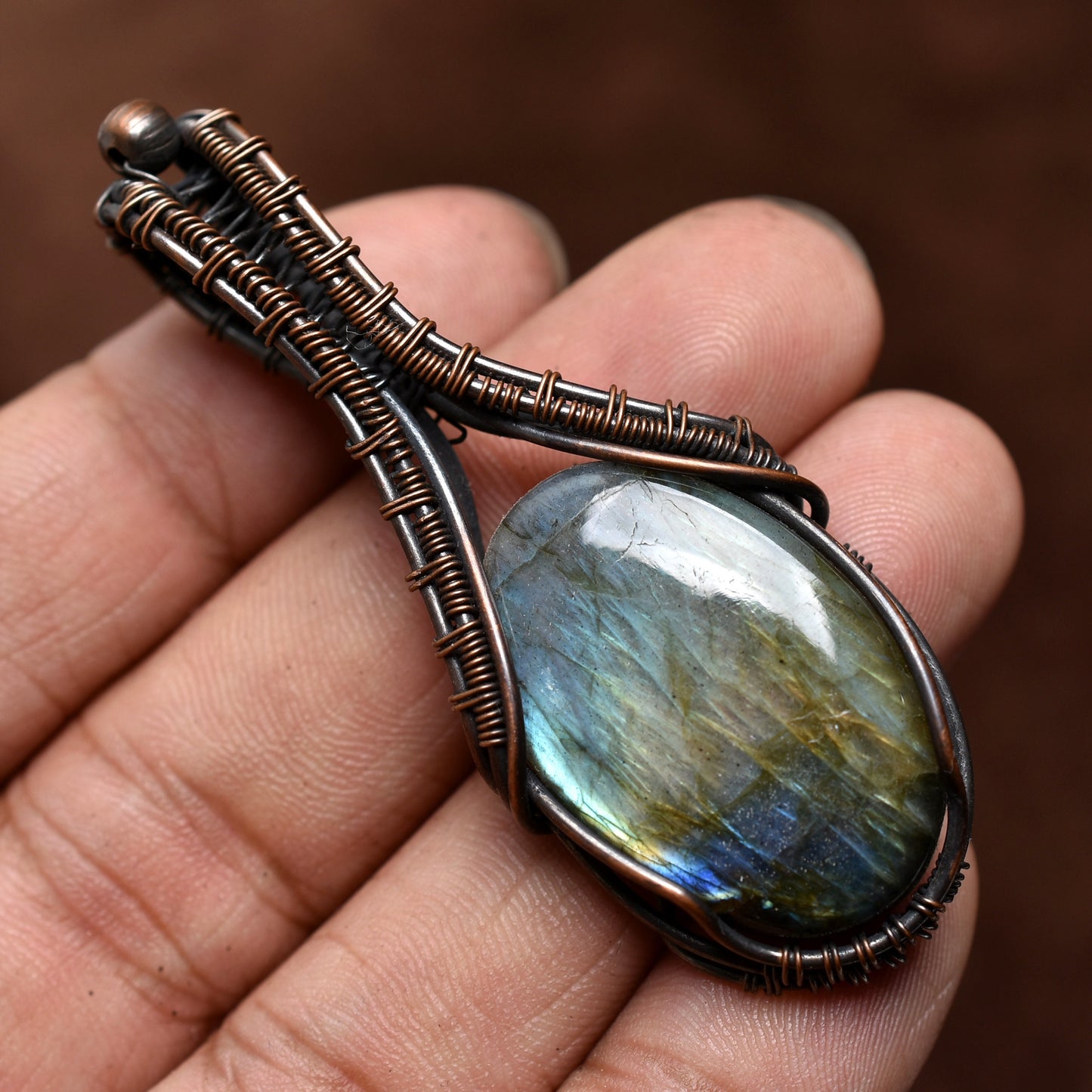 A One Quality! Natural Labradorite Gemstone Pendant – Copper Wire Wrapped Necklace