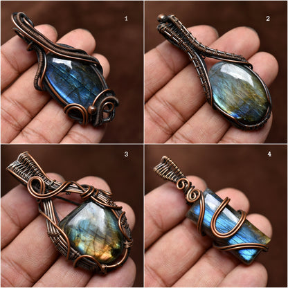 A One Quality! Natural Labradorite Gemstone Pendant – Copper Wire Wrapped Necklace