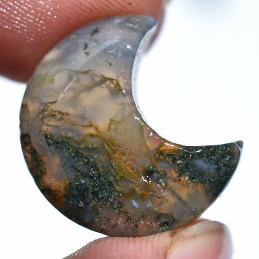 Green Moss Agate Crescent Moon Stone - Half Moon Crystal Carving & Healing Gemstone