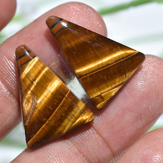 Fancy Yellow-Brown Tiger Eye Gemstone Pair – Smooth Polished Matched Cabochons