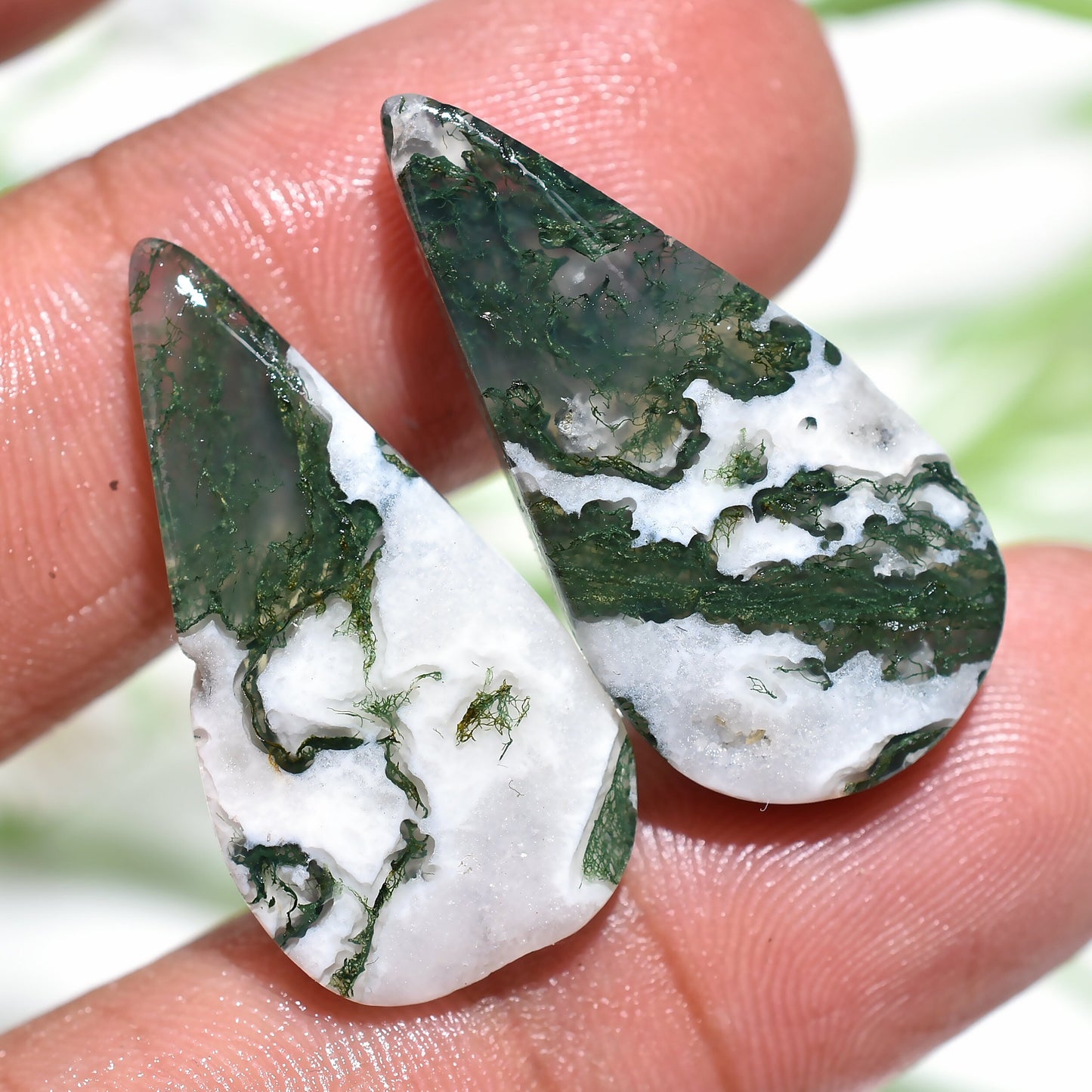 100% Natural Moss Agate Cabochon Pair – Green Agate Polished Loose Stones for Earring Making