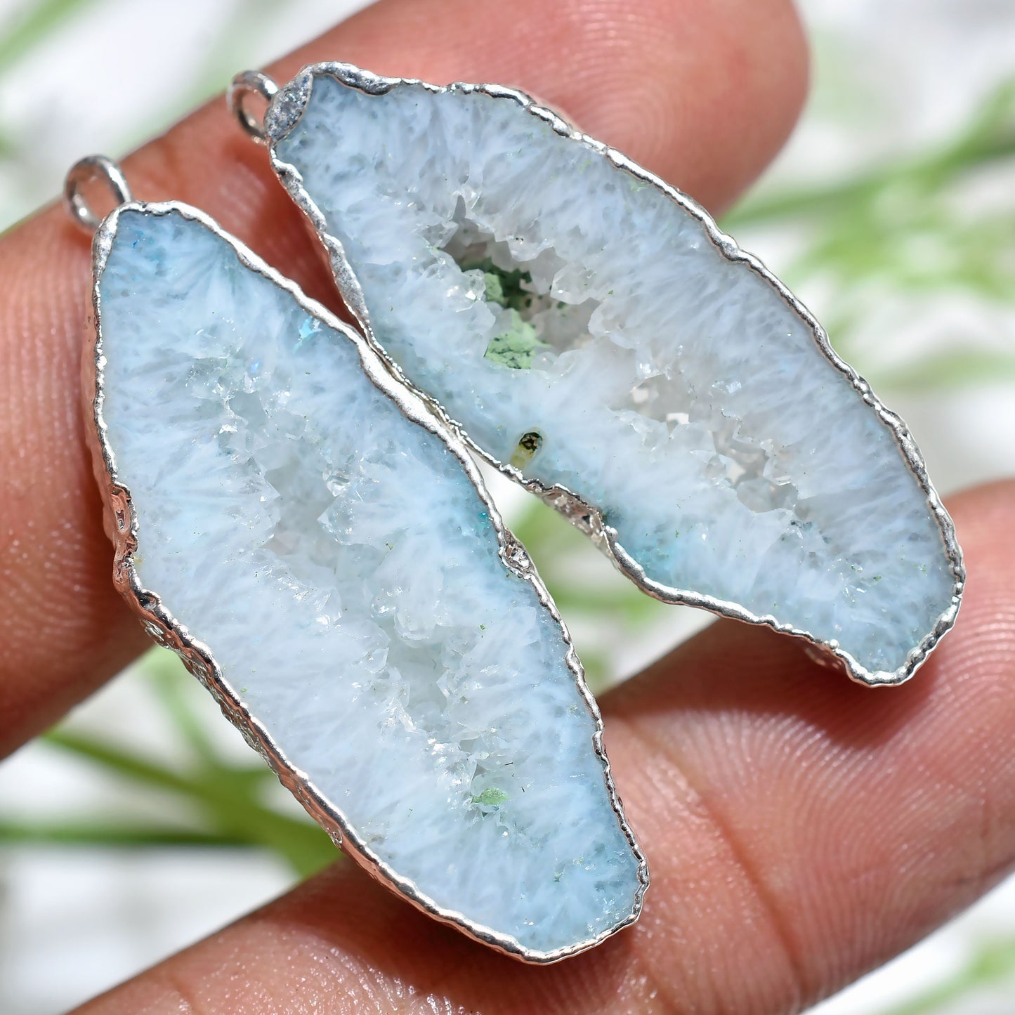 Light Blue Window Druzy Pair – Fancy Shape Druzy Connector Earring, Silver Electroplated Bali Geode Matched Pair