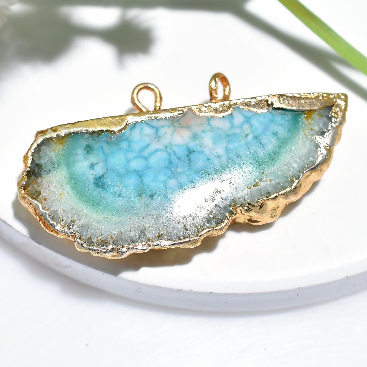 Beautiful Sky Blue Geode Pendant – Fancy Solar Quartz Double Bail Gold Electroplated Necklace