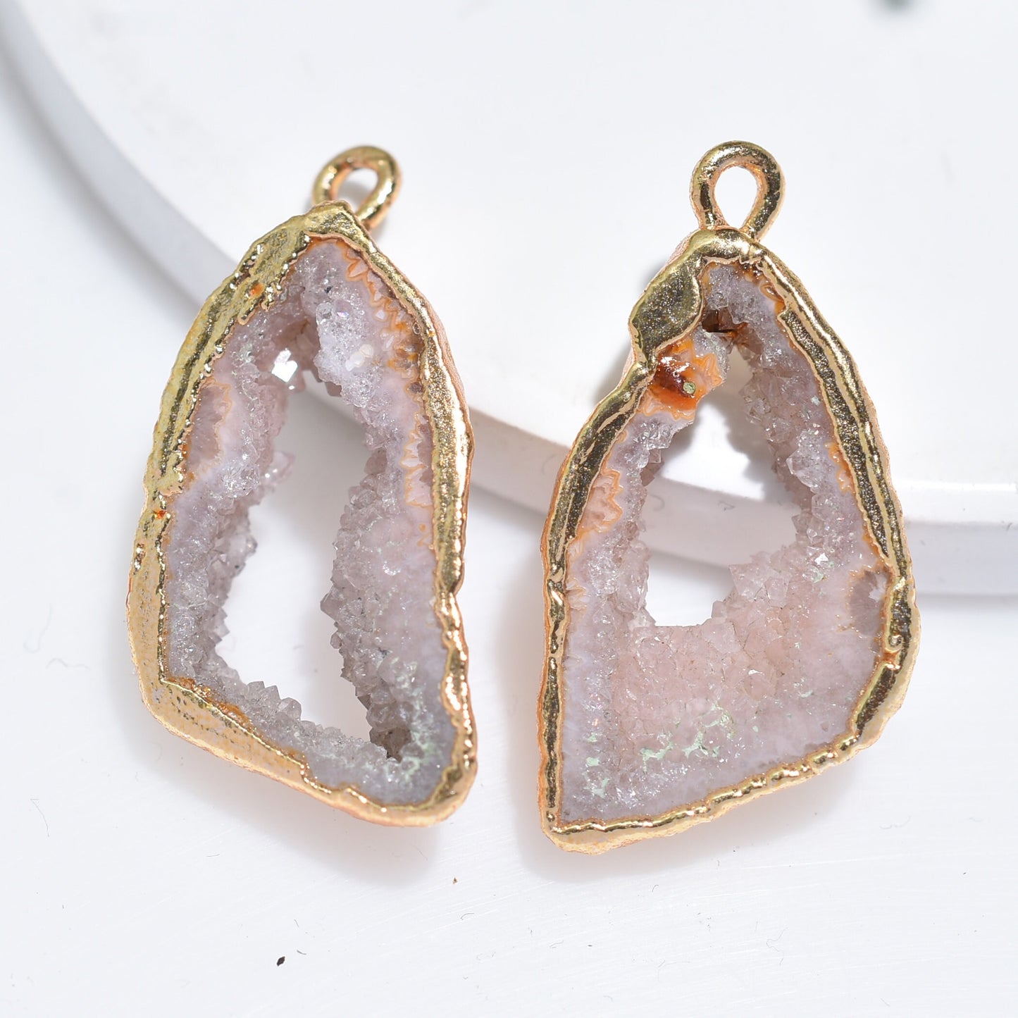 Grey Window Druzy Quartz Pair - Fancy Geode Earrings, Druzy Crystals, Gold DIY Jewelry Gift