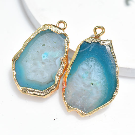 Natural Blue Geode Druzy Earring Pair – Gold Electroplated Single Bail DIY Quartz Gemstone Charm Connector