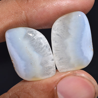 Blue Lace Agate Cabochon Pair - Square & Oval Shapes, Smooth Gemstones for Jewelry Making