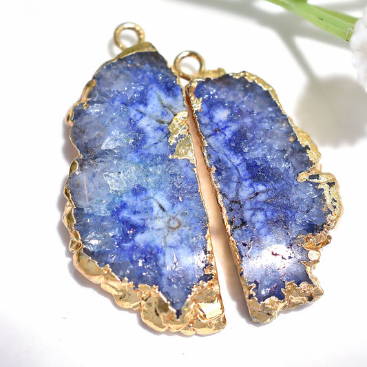 Blue & Pink Quartz Gemstone Earrings Pair | Unique Gold Electroplated Matching Stone Earrings for Women