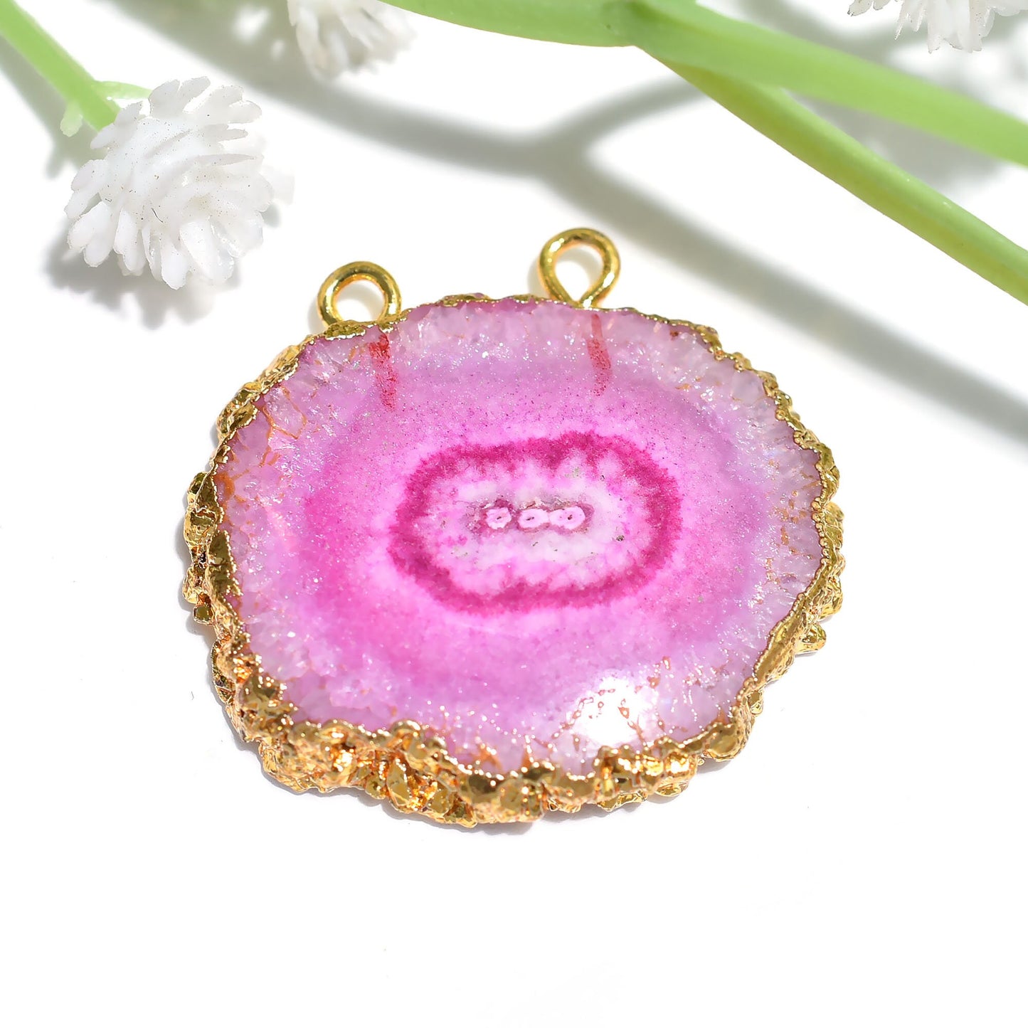 Lovely Pink Solar Quartz Pendant, Gold Electroplated Crystal Gemstone with Double Bail Connector