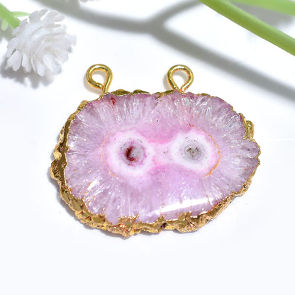 Lovely Pink Solar Quartz Pendant, Gold Electroplated Crystal Gemstone with Double Bail Connector