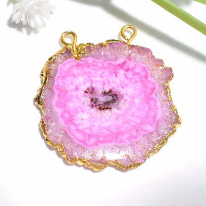 Lovely Pink Solar Quartz Pendant, Gold Electroplated Crystal Gemstone with Double Bail Connector