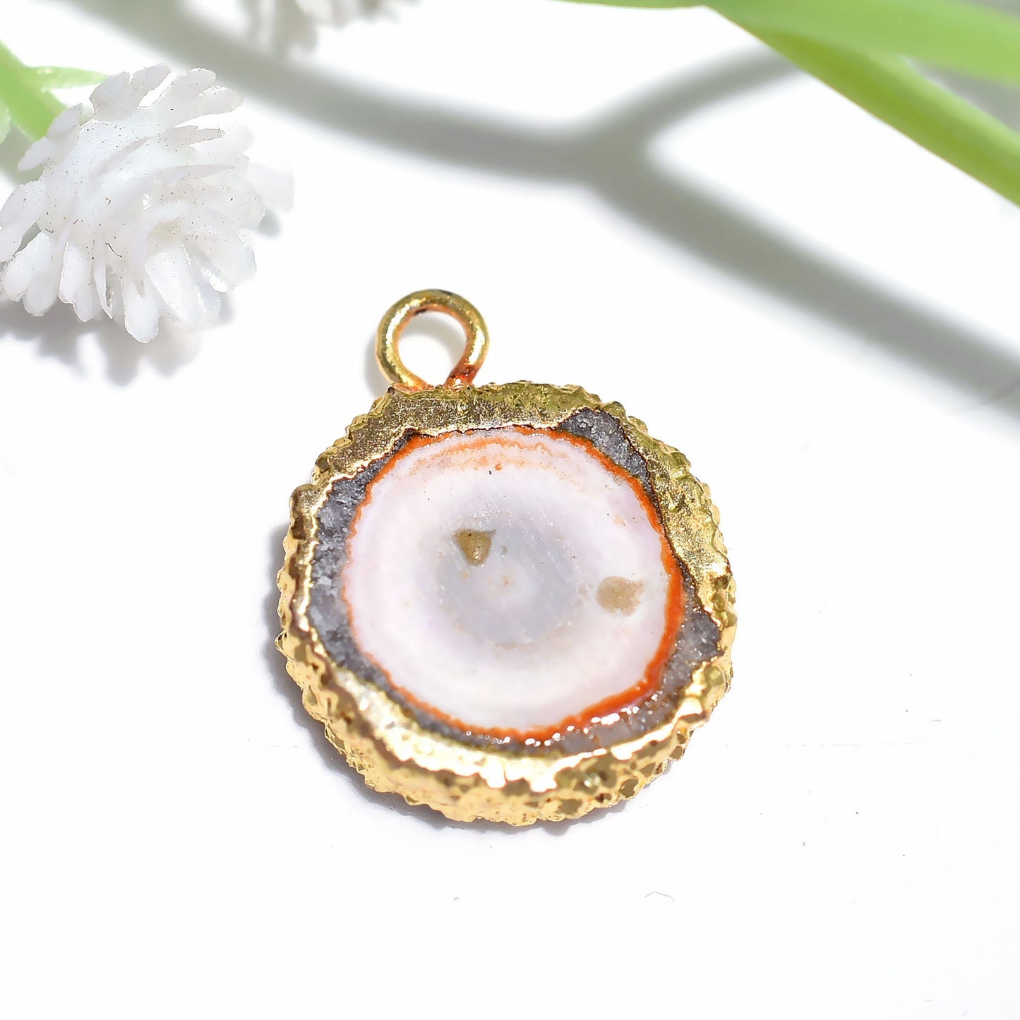 White Solar Quartz Rounded Charm Pendant with Gold Electroplating | Druzy Agate Quartz Slice Jewelry