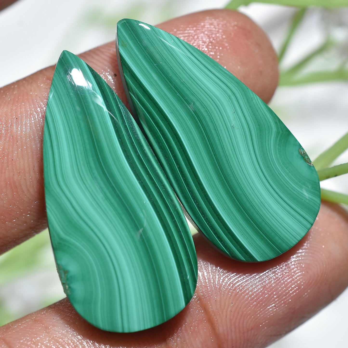 High Quality! Malachite Pair -  Oval & Pear Shaped Green Malachite Cabochons for DIY Jewelry