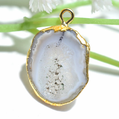 Solar Quartz Agate Druzy Slice Pendant - Gray & White Agate Gold Electroplated DIY Necklace Jewelry