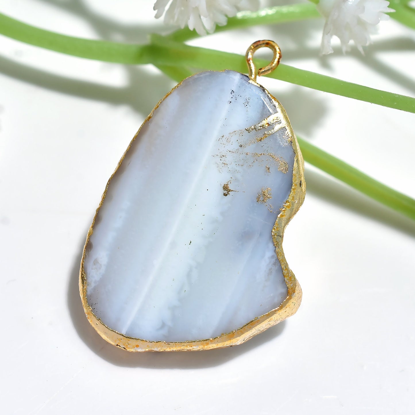 Solar Quartz Agate Druzy Slice Pendant - Gray & White Agate Gold Electroplated DIY Necklace Jewelry