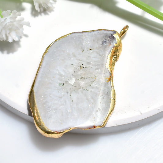 Attractive Window Druzy Agate Pendant - Fancy Electroplated Solar Quartz, Gold Plated Agate Geode Slice for Her