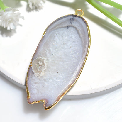 White Druzy Agate Pendant - Gold Plated Geode Slice, Fancy Electroplated Solar Quartz for Gifts