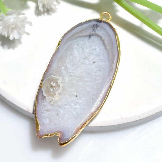 White Druzy Agate Pendant - Gold Plated Geode Slice, Fancy Electroplated Solar Quartz for Gifts