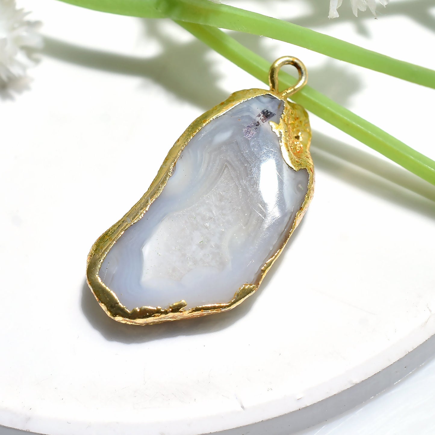 White Druzy Agate Pendant - Gold Plated Geode Slice, Fancy Electroplated Solar Quartz for Gifts