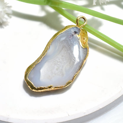 White Druzy Agate Pendant - Gold Plated Geode Slice, Fancy Electroplated Solar Quartz for Gifts