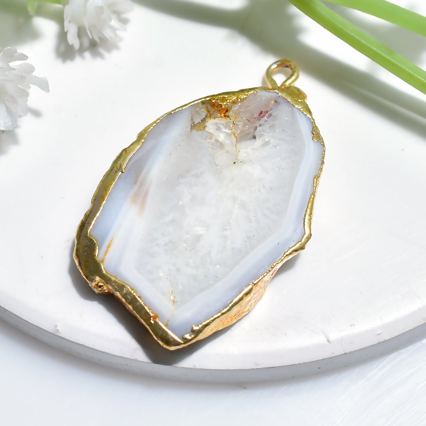 White Druzy Agate Pendant - Gold Plated Geode Slice, Fancy Electroplated Solar Quartz for Gifts