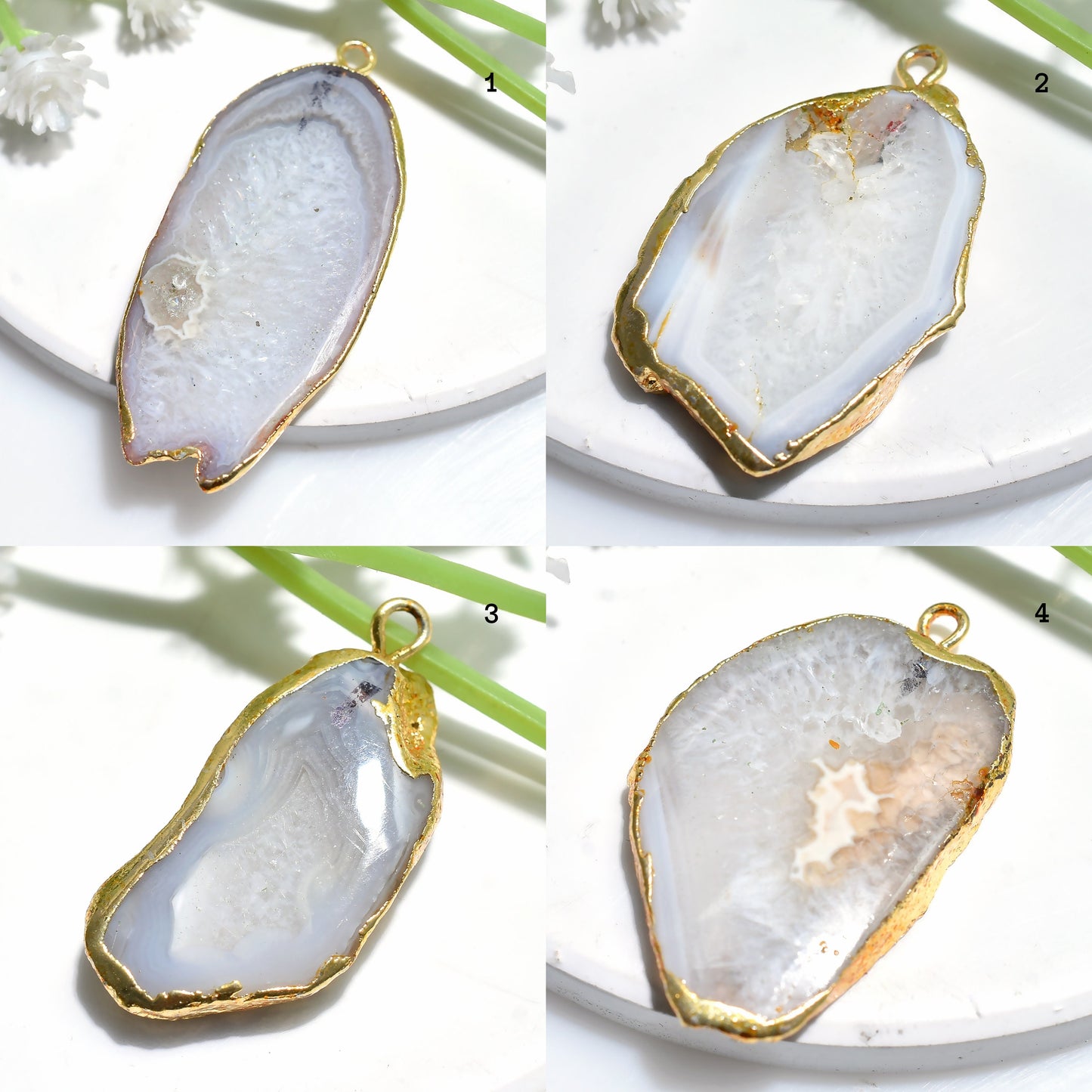 White Druzy Agate Pendant - Gold Plated Geode Slice, Fancy Electroplated Solar Quartz for Gifts