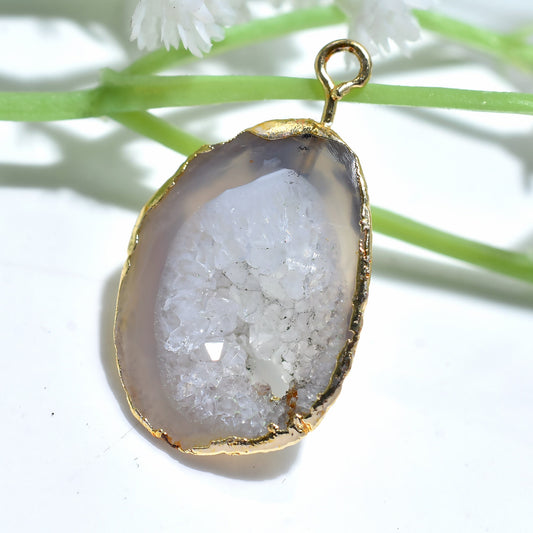 Attractive Solar Quartz Crystal Necklace - Window Druzy Agate Pendant, Boho Gold Electroplated Gemstone 22x17x4mm