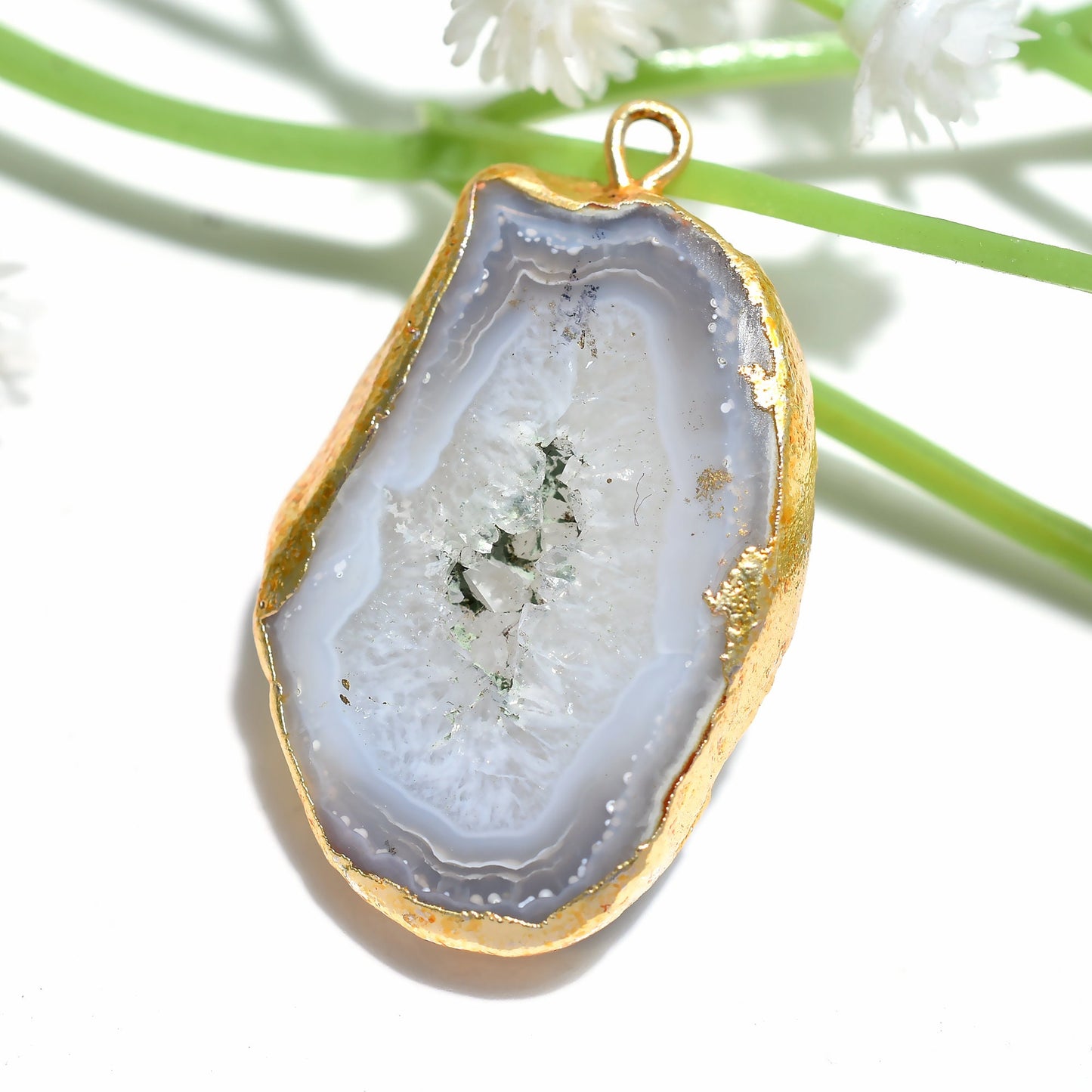 Druzy Agate Gemstone Pendant - Gold Electroplated Grey & White Geode Solar Quartz Charm