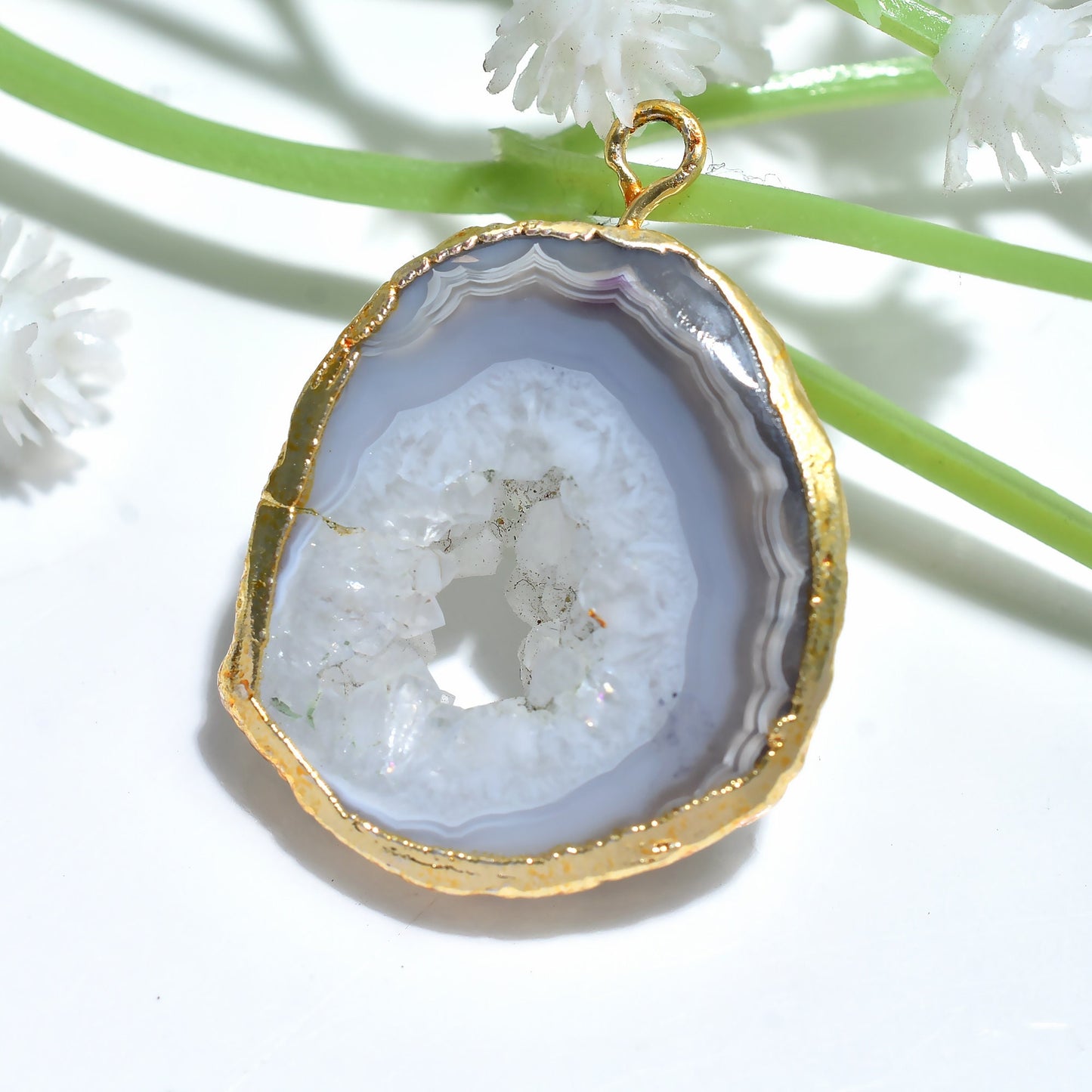 Druzy Agate Gemstone Pendant - Gold Electroplated Grey & White Geode Solar Quartz Charm