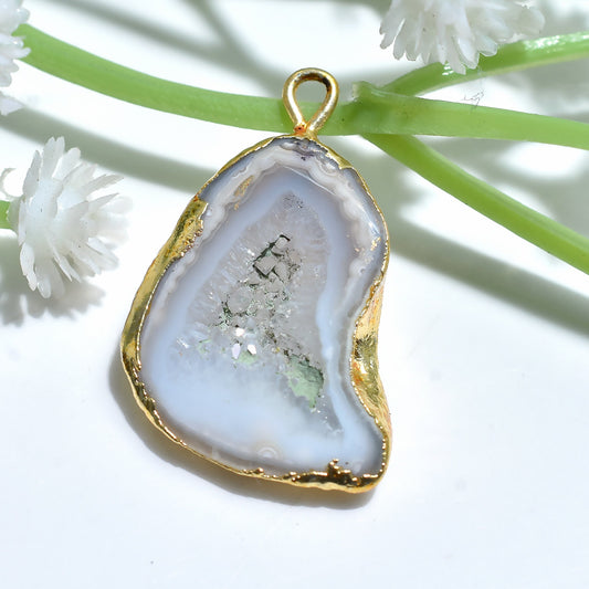 Druzy Agate Gemstone Pendant - Gold Electroplated Grey & White Geode Solar Quartz Charm