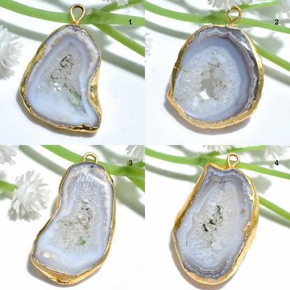 Druzy Agate Gemstone Pendant - Gold Electroplated Grey & White Geode Solar Quartz Charm