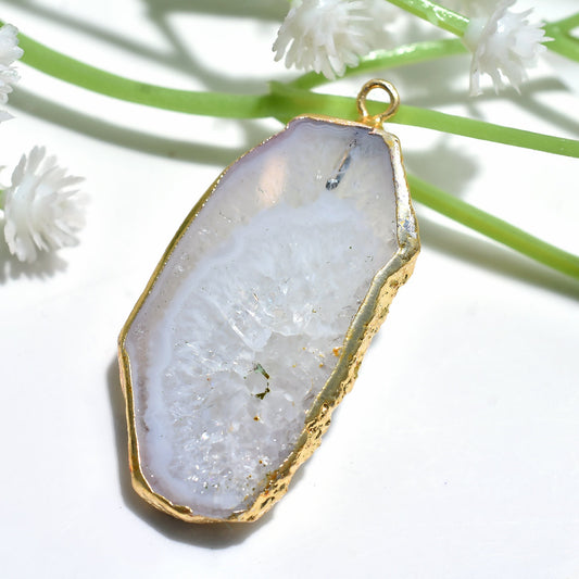 Beautiful Druzy Agate Gemstone Pendant - White Solar Quartz Gold Electroplated Geode Slice for DIY Jewelry