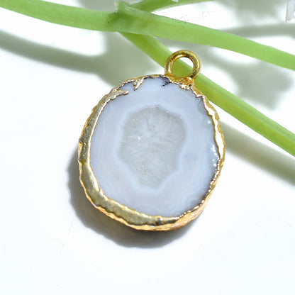 Round White Druzy Agate Pendant - Gold Electroplated Solar Quartz Geode Slice for Wholesale Jewelry