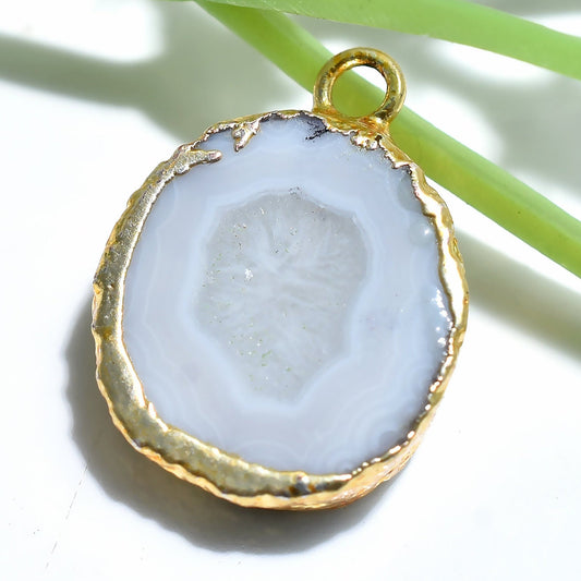 Round White Druzy Agate Pendant - Gold Electroplated Solar Quartz Geode Slice for Wholesale Jewelry