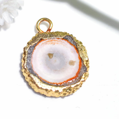 White Solar Quartz Rounded Charm Pendant with Gold Electroplating | Druzy Agate Quartz Slice Jewelry