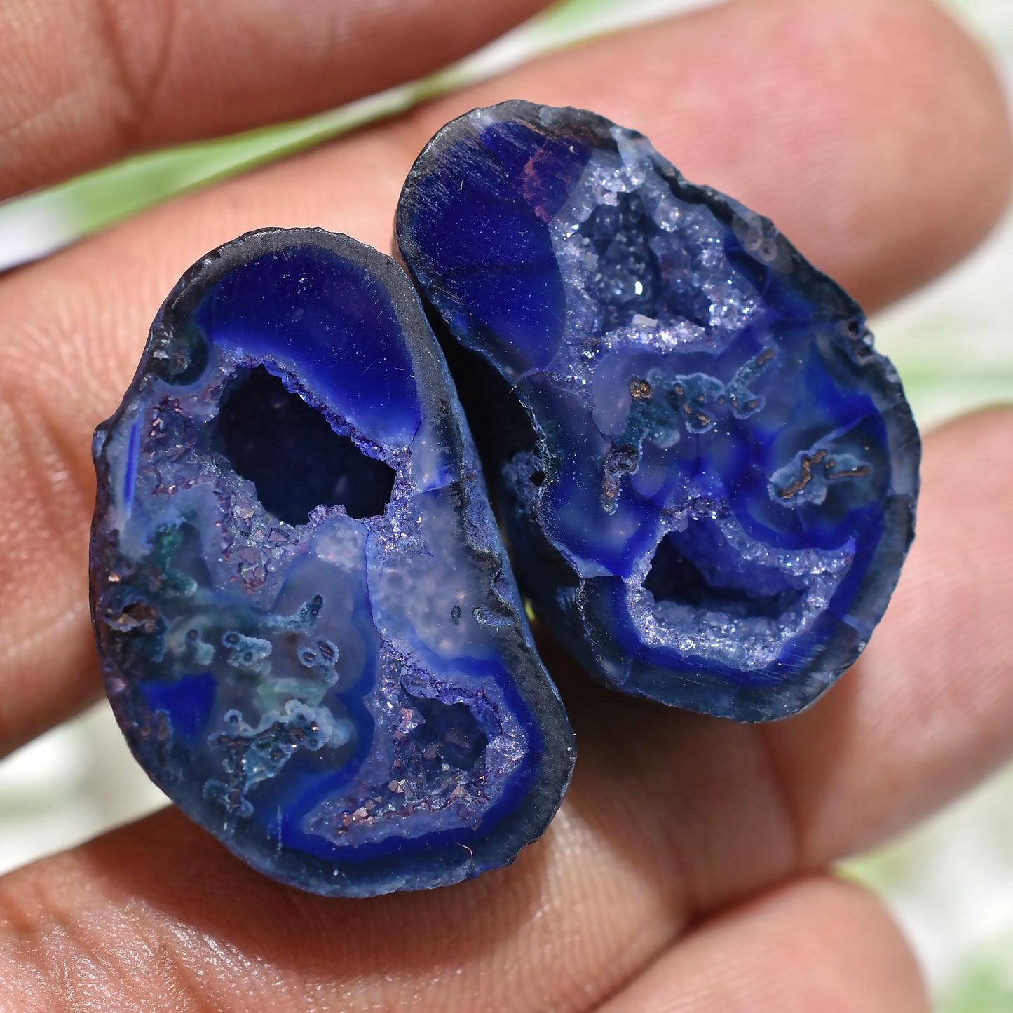 Solar Quartz Gemstone Pair – Fancy Blue Window Druzy Cabochon for Earring Making 16x26x16mm